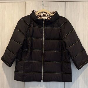 SPRING SALE Chico’s Reversible Quilted Puffer Jacket Black Leopard Print 1